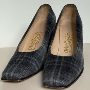 Salvatore Ferragamo Wool Charcoal Plaid Heels 7B